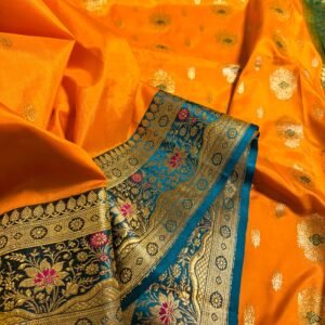 pure katan silk banarasi in marigold yellow