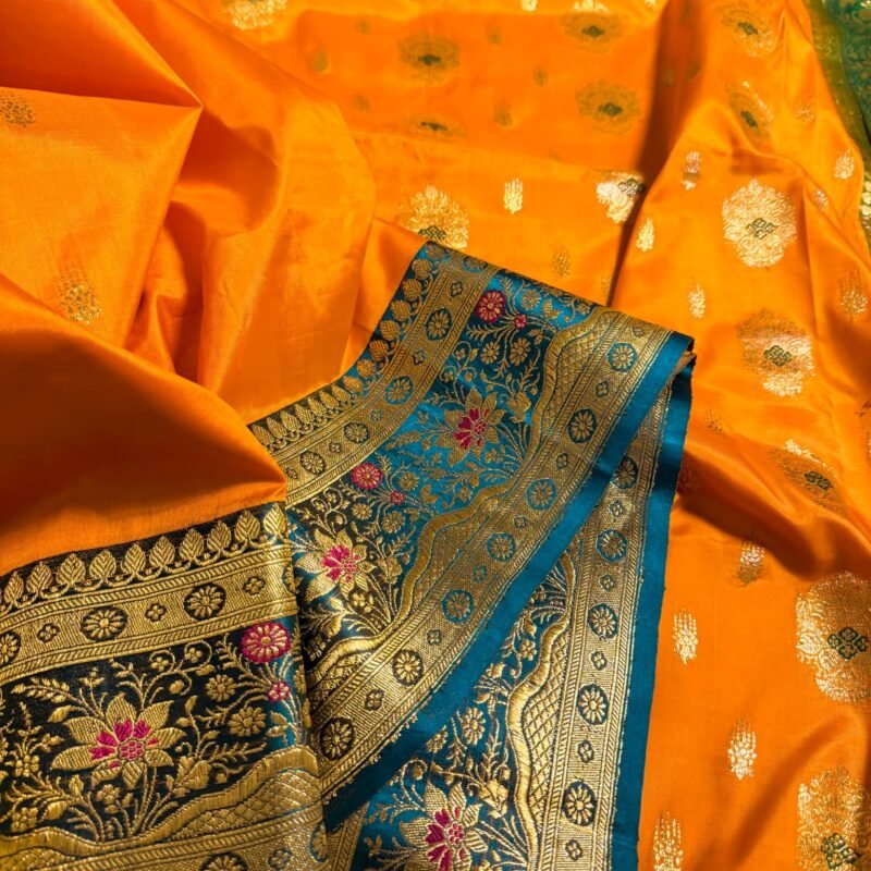 pure katan silk banarasi in marigold yellow