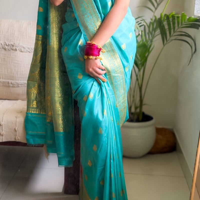 handloom pure katan silk banarasi saree in turquoise & gold