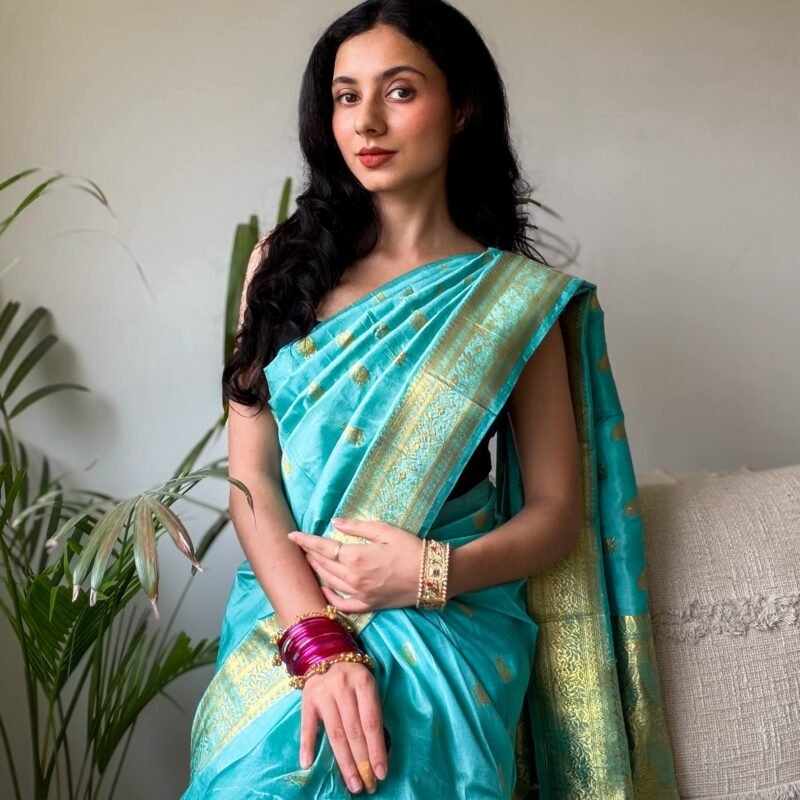 handloom pure katan silk banarasi saree in turquoise & gold