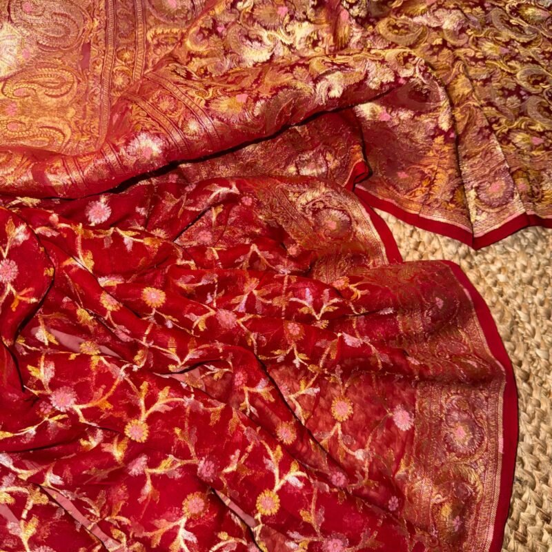 pure georgette bridal red navratna banarasi saree