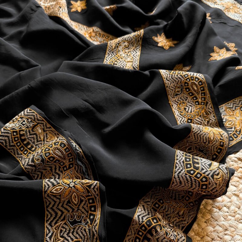 deep black hand embroidered zardozi aari stitch saree | pure crepe handloom silk
