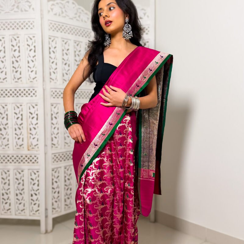 brocade pleat hot pink banarasi | handloom mulberry silk saree