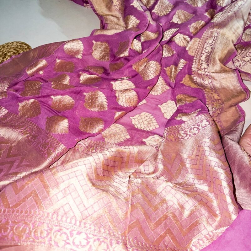 lilac antique gold zari khaddi georgette saree | handwoven with love