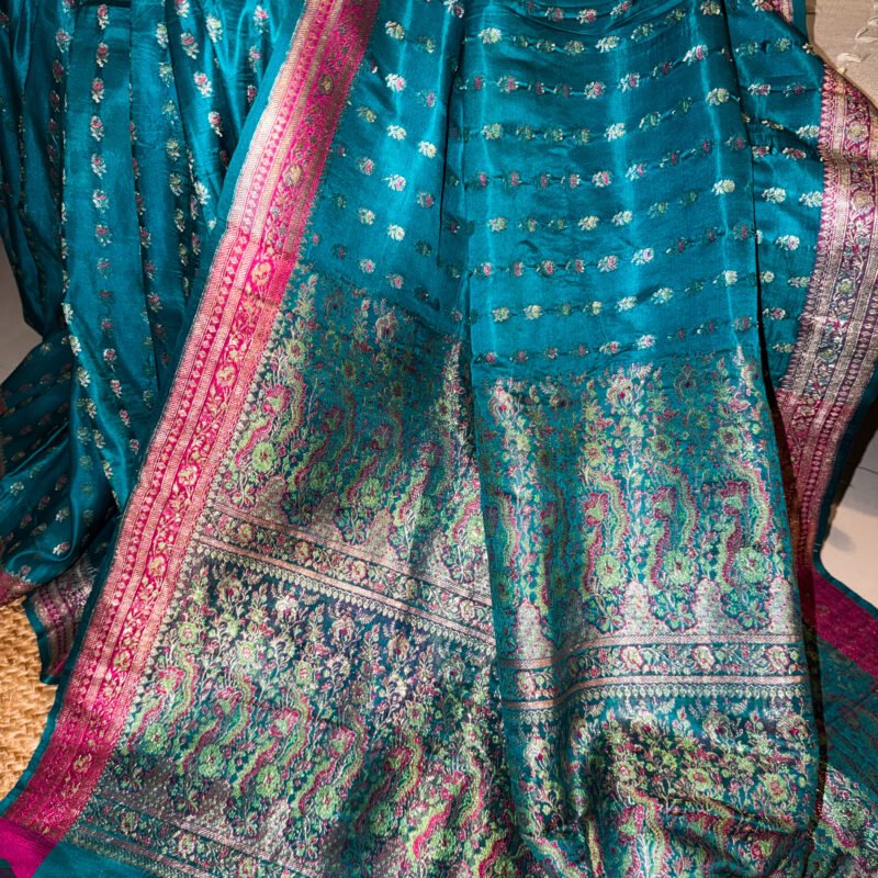 teal blue revival handloom silk jaal banarasi