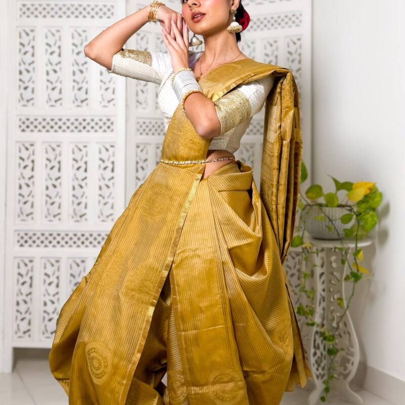 golden kora silk banarasi with sun motifs